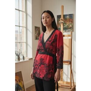 Apt. 9 Women’s Red & Black Floral V-Neck Top Size XL